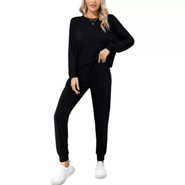 SWOMOG Pajamas for Women Long Sleeve Crop Top and Pants Lounge Set 2 Piece Outfits Soft Sleepwear and Loungewear PjsBlack