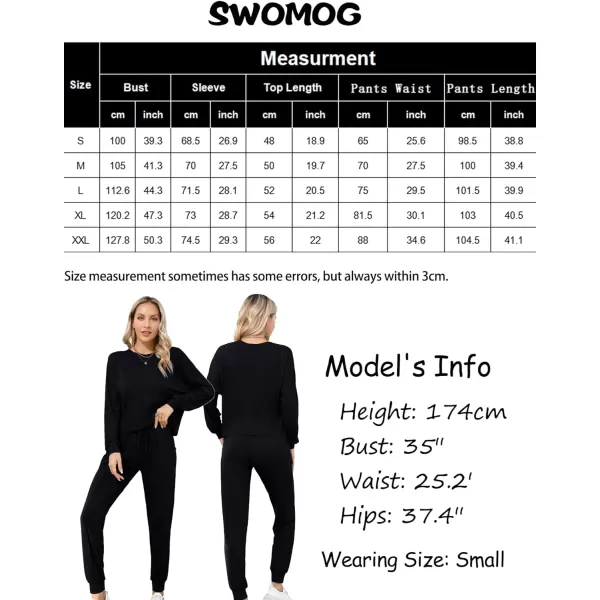 SWOMOG Pajamas for Women Long Sleeve Crop Top and Pants Lounge Set 2 Piece Outfits Soft Sleepwear and Loungewear PjsBlack