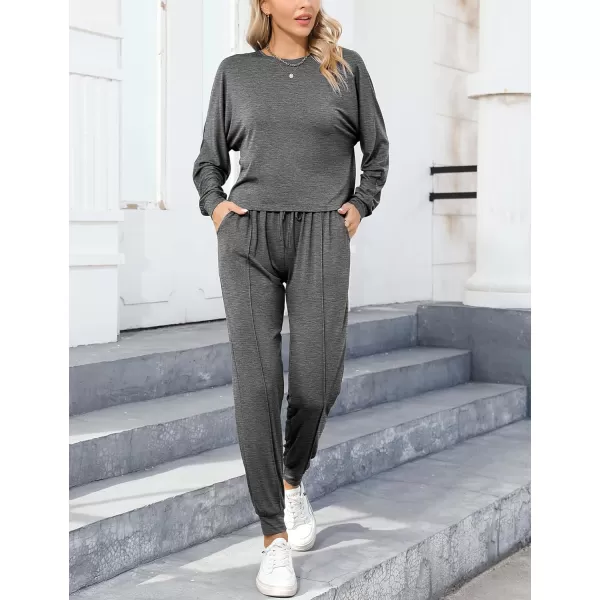 SWOMOG Pajamas for Women Long Sleeve Crop Top and Pants Lounge Set 2 Piece Outfits Soft Sleepwear and Loungewear PjsDark Grey