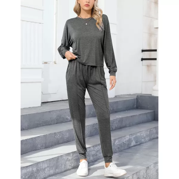 SWOMOG Pajamas for Women Long Sleeve Crop Top and Pants Lounge Set 2 Piece Outfits Soft Sleepwear and Loungewear PjsDark Grey