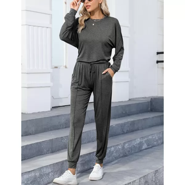 SWOMOG Pajamas for Women Long Sleeve Crop Top and Pants Lounge Set 2 Piece Outfits Soft Sleepwear and Loungewear PjsDark Grey