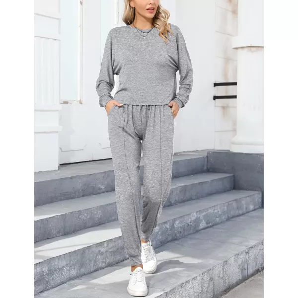 SWOMOG Pajamas for Women Long Sleeve Crop Top and Pants Lounge Set 2 Piece Outfits Soft Sleepwear and Loungewear PjsGrey