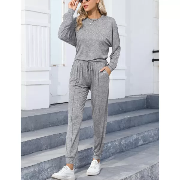 SWOMOG Pajamas for Women Long Sleeve Crop Top and Pants Lounge Set 2 Piece Outfits Soft Sleepwear and Loungewear PjsGrey