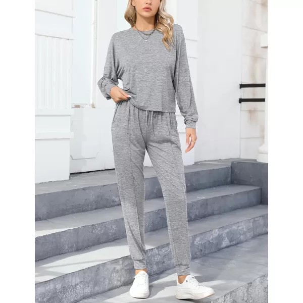 SWOMOG Pajamas for Women Long Sleeve Crop Top and Pants Lounge Set 2 Piece Outfits Soft Sleepwear and Loungewear PjsGrey