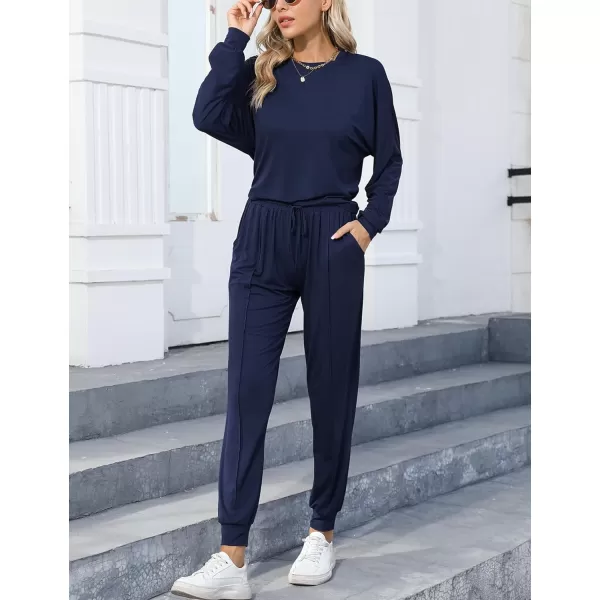 SWOMOG Pajamas for Women Long Sleeve Crop Top and Pants Lounge Set 2 Piece Outfits Soft Sleepwear and Loungewear PjsNavy Blue