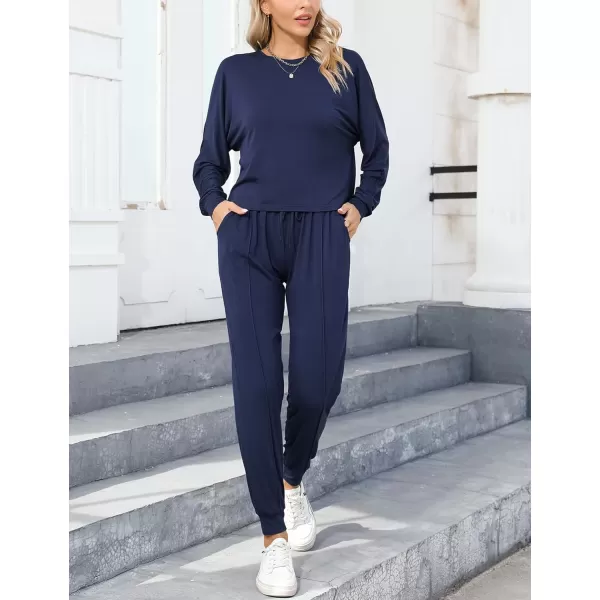 SWOMOG Pajamas for Women Long Sleeve Crop Top and Pants Lounge Set 2 Piece Outfits Soft Sleepwear and Loungewear PjsNavy Blue