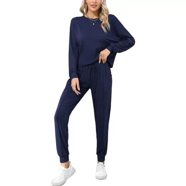 SWOMOG Pajamas for Women Long Sleeve Crop Top and Pants Lounge Set 2 Piece Outfits Soft Sleepwear and Loungewear PjsNavy Blue