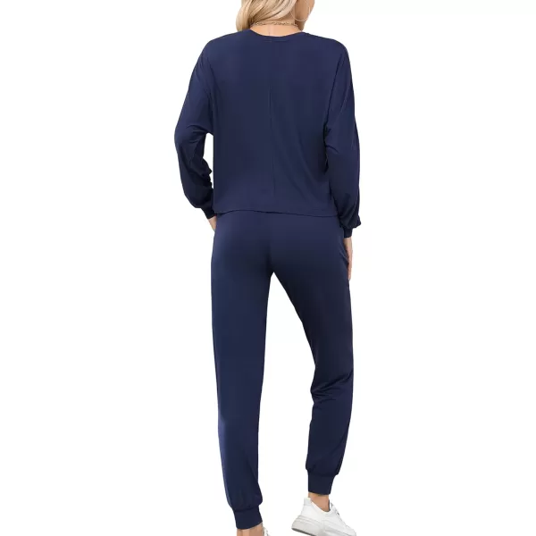 SWOMOG Pajamas for Women Long Sleeve Crop Top and Pants Lounge Set 2 Piece Outfits Soft Sleepwear and Loungewear PjsNavy Blue