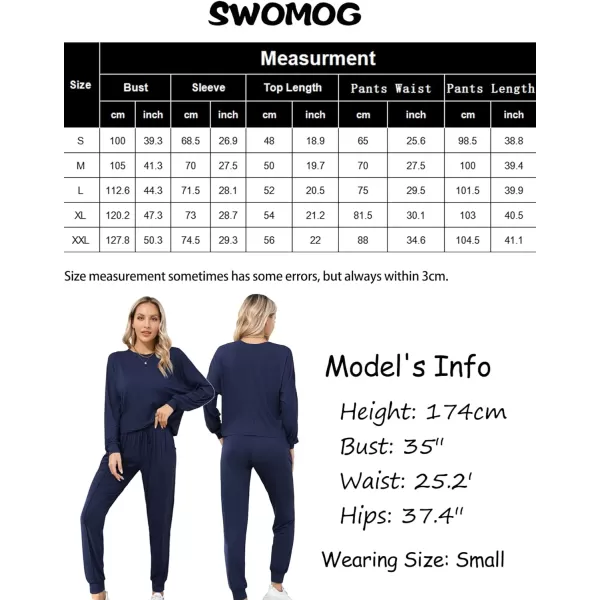 SWOMOG Pajamas for Women Long Sleeve Crop Top and Pants Lounge Set 2 Piece Outfits Soft Sleepwear and Loungewear PjsNavy Blue