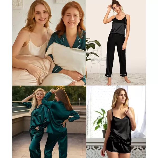 SWOMOG Pj Satin Long Sleeve Set 4pcs Womens Pajamas Silk Sleepwear Set Button Down Nightwear Sexy Cami Shorts Set LoungewearBlacklong Sleeve