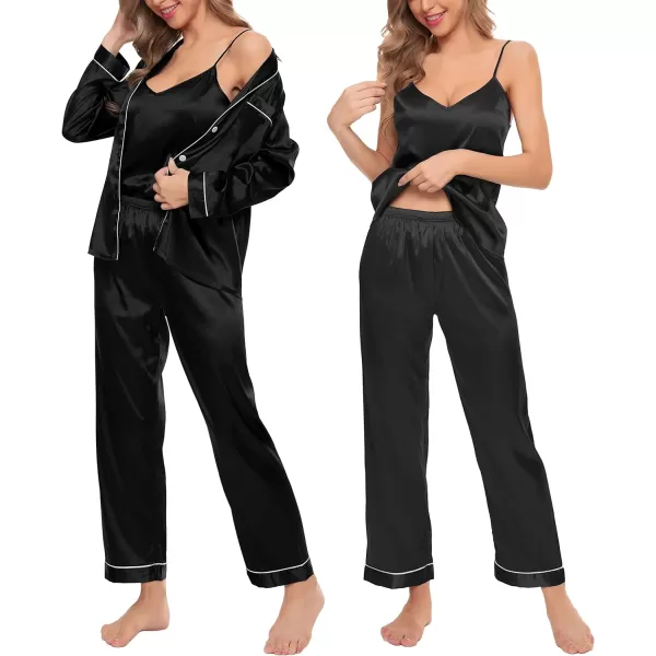 SWOMOG Pj Satin Long Sleeve Set 4pcs Womens Pajamas Silk Sleepwear Set Button Down Nightwear Sexy Cami Shorts Set LoungewearBlacklong Sleeve