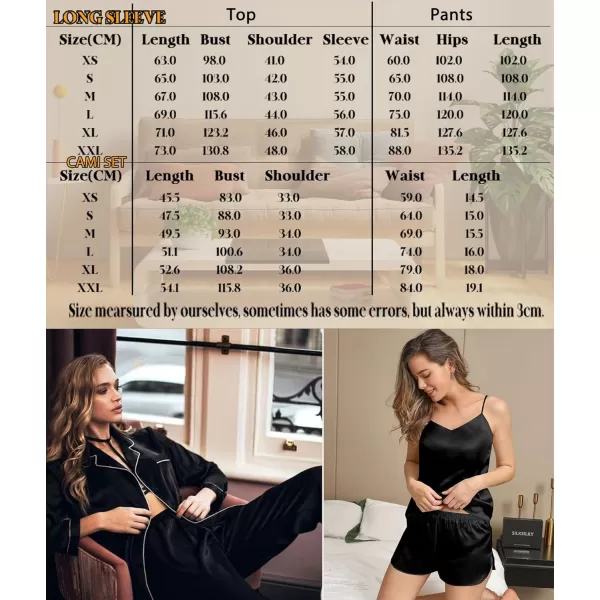 SWOMOG Pj Satin Long Sleeve Set 4pcs Womens Pajamas Silk Sleepwear Set Button Down Nightwear Sexy Cami Shorts Set LoungewearBlacklong Sleeve