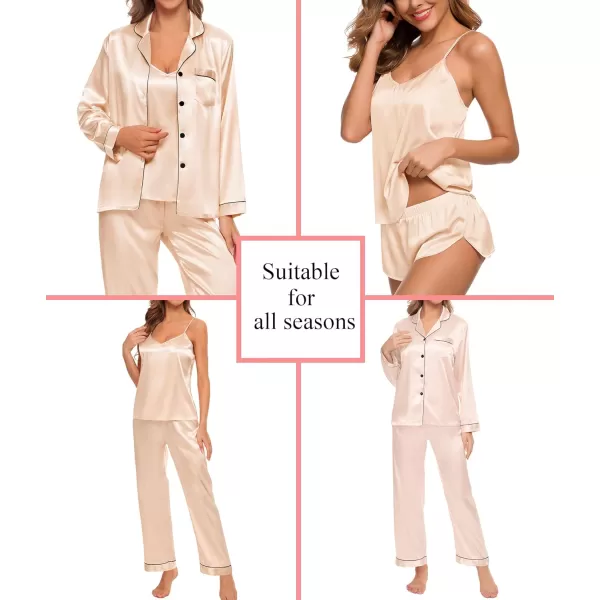 SWOMOG Pj Satin Long Sleeve Set 4pcs Womens Pajamas Silk Sleepwear Set Button Down Nightwear Sexy Cami Shorts Set LoungewearChampagnelong Sleeve