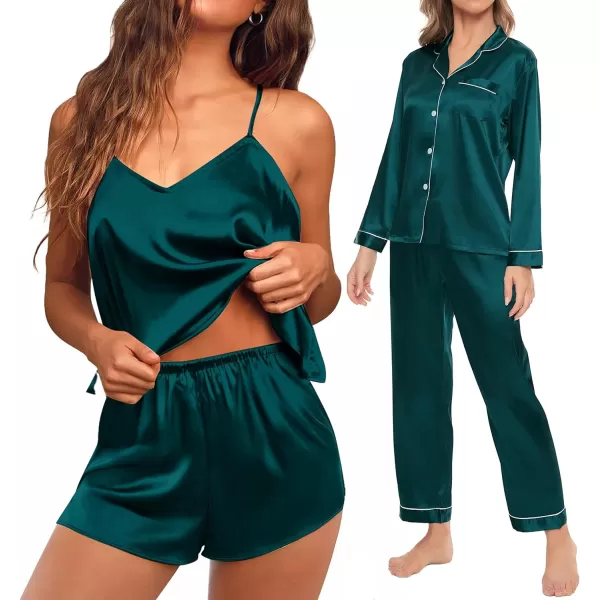 SWOMOG Pj Satin Long Sleeve Set 4pcs Womens Pajamas Silk Sleepwear Set Button Down Nightwear Sexy Cami Shorts Set LoungewearGreenlong Sleeve