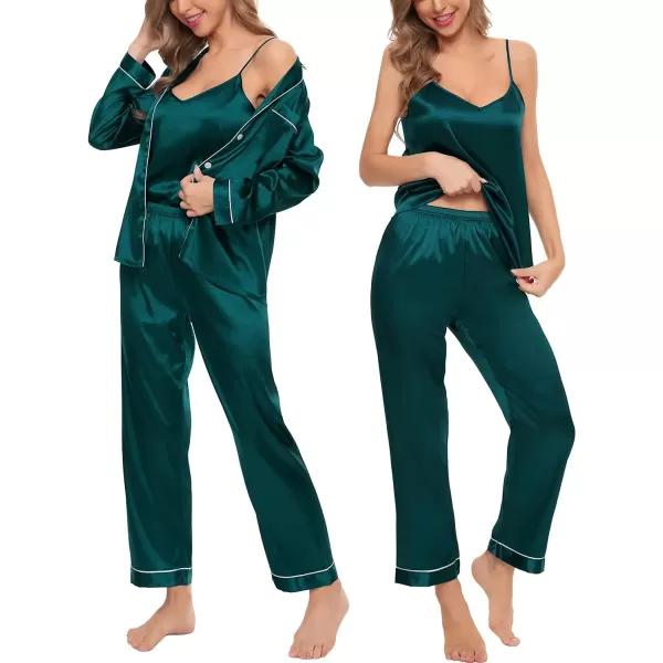 SWOMOG Pj Satin Long Sleeve Set 4pcs Womens Pajamas Silk Sleepwear Set Button Down Nightwear Sexy Cami Shorts Set LoungewearGreenlong Sleeve