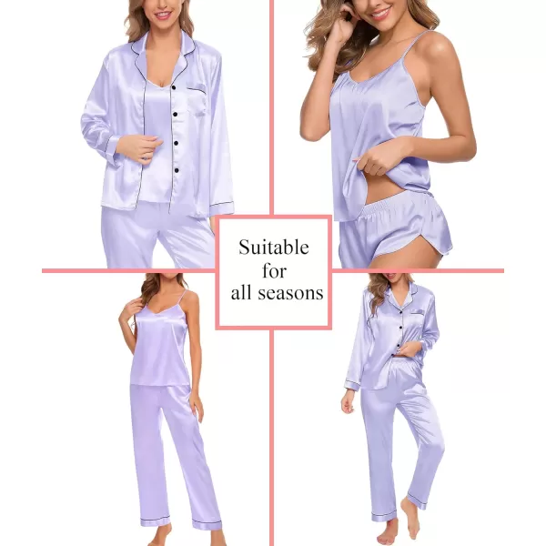 SWOMOG Pj Satin Long Sleeve Set 4pcs Womens Pajamas Silk Sleepwear Set Button Down Nightwear Sexy Cami Shorts Set LoungewearLavenderlong Sleeve