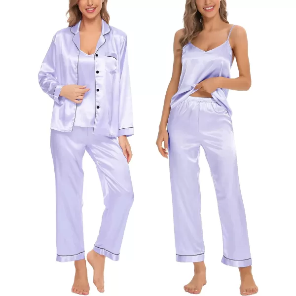 SWOMOG Pj Satin Long Sleeve Set 4pcs Womens Pajamas Silk Sleepwear Set Button Down Nightwear Sexy Cami Shorts Set LoungewearLavenderlong Sleeve