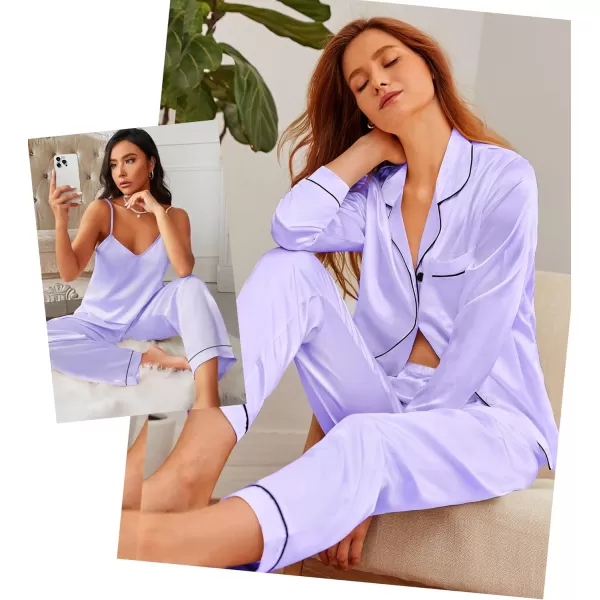 SWOMOG Pj Satin Long Sleeve Set 4pcs Womens Pajamas Silk Sleepwear Set Button Down Nightwear Sexy Cami Shorts Set LoungewearLavenderlong Sleeve