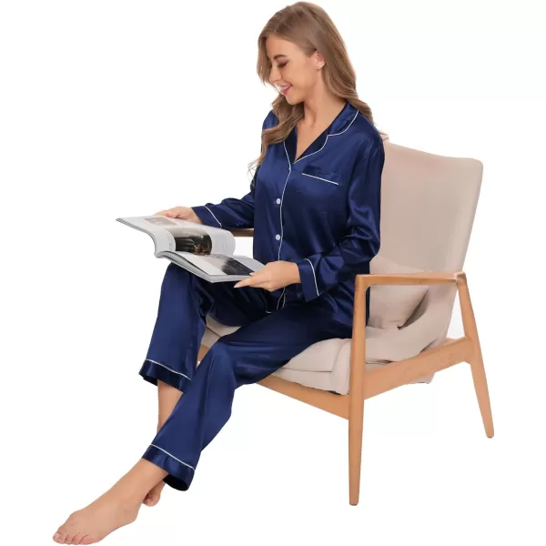 SWOMOG Pj Satin Long Sleeve Set 4pcs Womens Pajamas Silk Sleepwear Set Button Down Nightwear Sexy Cami Shorts Set LoungewearNavy Bluelong Sleeve