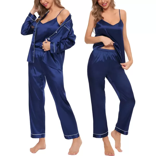 SWOMOG Pj Satin Long Sleeve Set 4pcs Womens Pajamas Silk Sleepwear Set Button Down Nightwear Sexy Cami Shorts Set LoungewearNavy Bluelong Sleeve