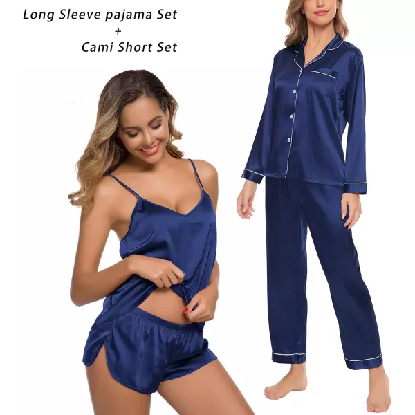 SWOMOG Pj Satin Long Sleeve Set 4pcs Womens Pajamas Silk Sleepwear Set Button Down Nightwear Sexy Cami Shorts Set LoungewearNavy Bluelong Sleeve