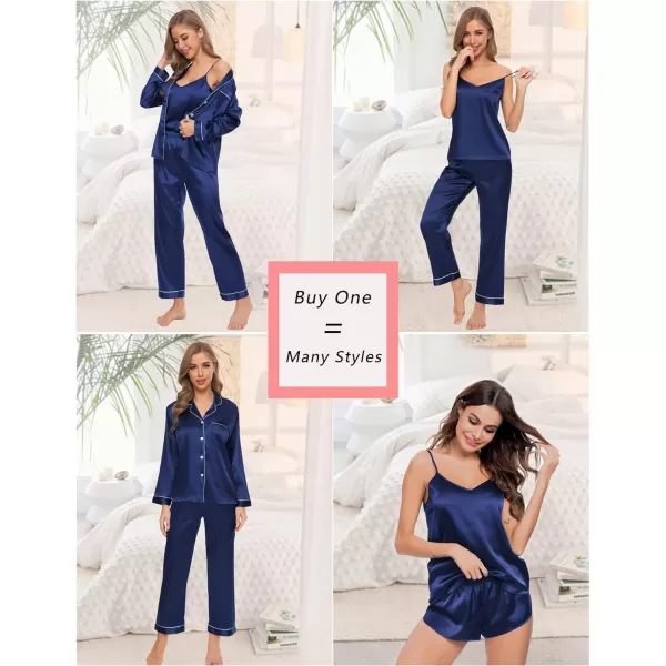 SWOMOG Pj Satin Long Sleeve Set 4pcs Womens Pajamas Silk Sleepwear Set Button Down Nightwear Sexy Cami Shorts Set LoungewearNavy Bluelong Sleeve