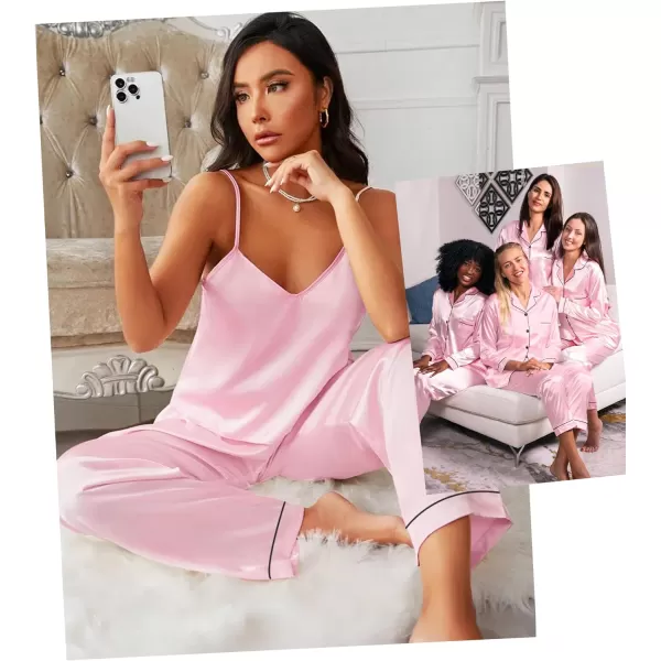 SWOMOG Pj Satin Long Sleeve Set 4pcs Womens Pajamas Silk Sleepwear Set Button Down Nightwear Sexy Cami Shorts Set LoungewearPinklong Sleeve