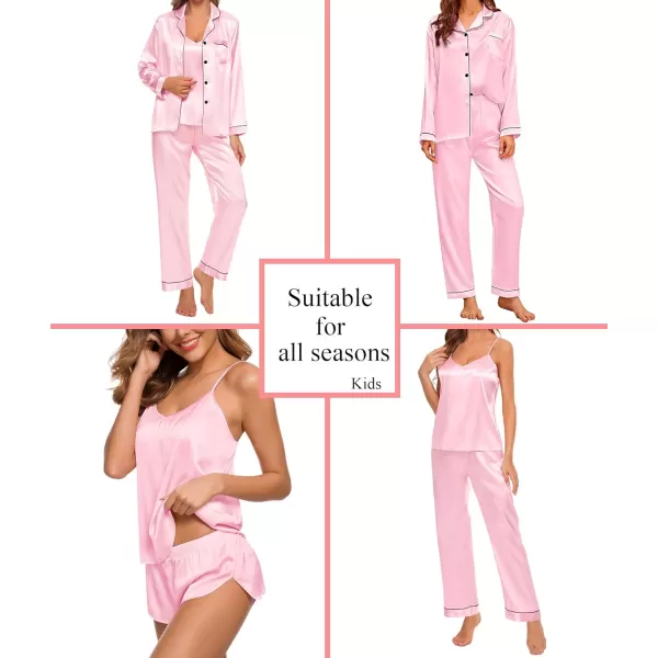 SWOMOG Pj Satin Long Sleeve Set 4pcs Womens Pajamas Silk Sleepwear Set Button Down Nightwear Sexy Cami Shorts Set LoungewearPinklong Sleeve