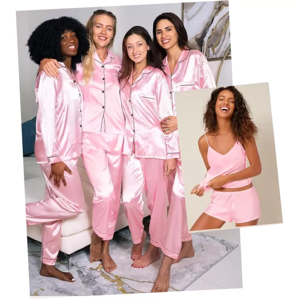 SWOMOG Pj Satin Long Sleeve Set 4pcs Womens Pajamas Silk Sleepwear Set Button Down Nightwear Sexy Cami Shorts Set LoungewearPinklong Sleeve