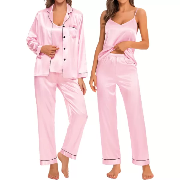 SWOMOG Pj Satin Long Sleeve Set 4pcs Womens Pajamas Silk Sleepwear Set Button Down Nightwear Sexy Cami Shorts Set LoungewearPinklong Sleeve