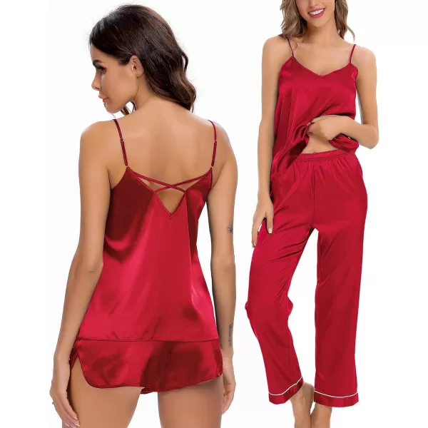 SWOMOG Pj Satin Long Sleeve Set 4pcs Womens Pajamas Silk Sleepwear Set Button Down Nightwear Sexy Cami Shorts Set LoungewearRed1long Sleeve