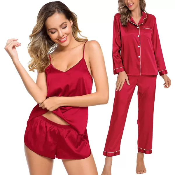 SWOMOG Pj Satin Long Sleeve Set 4pcs Womens Pajamas Silk Sleepwear Set Button Down Nightwear Sexy Cami Shorts Set LoungewearRed1long Sleeve