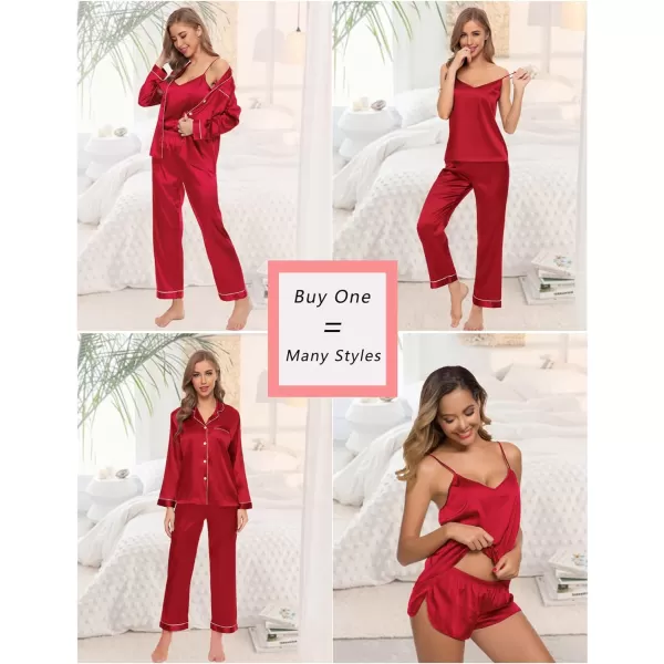 SWOMOG Pj Satin Long Sleeve Set 4pcs Womens Pajamas Silk Sleepwear Set Button Down Nightwear Sexy Cami Shorts Set LoungewearRed1long Sleeve