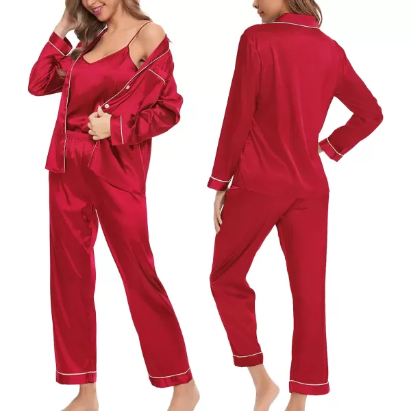 SWOMOG Pj Satin Long Sleeve Set 4pcs Womens Pajamas Silk Sleepwear Set Button Down Nightwear Sexy Cami Shorts Set LoungewearRed1long Sleeve