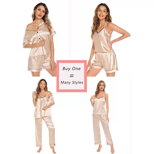 SWOMOG Pj Satin Long Sleeve Set 4pcs Womens Pajamas Silk Sleepwear Set Button Down Nightwear Sexy Cami Shorts Set LoungewearShort Sleeve Topchampagne