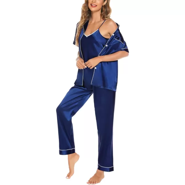 SWOMOG Pj Satin Long Sleeve Set 4pcs Womens Pajamas Silk Sleepwear Set Button Down Nightwear Sexy Cami Shorts Set LoungewearShort Sleeve Topnavy Blue