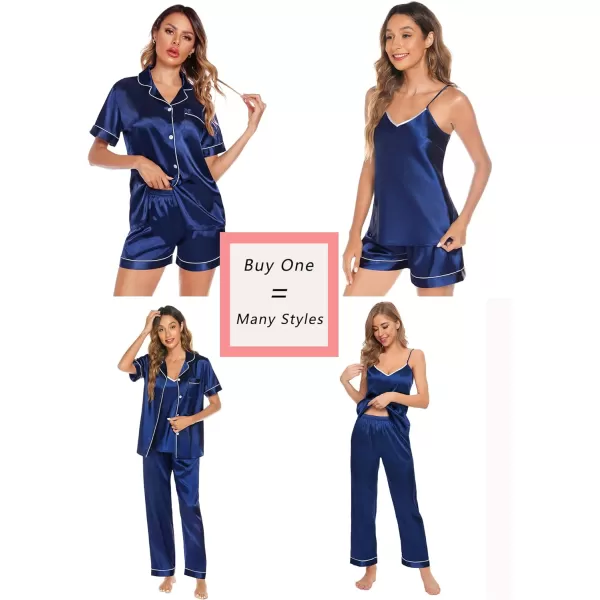 SWOMOG Pj Satin Long Sleeve Set 4pcs Womens Pajamas Silk Sleepwear Set Button Down Nightwear Sexy Cami Shorts Set LoungewearShort Sleeve Topnavy Blue