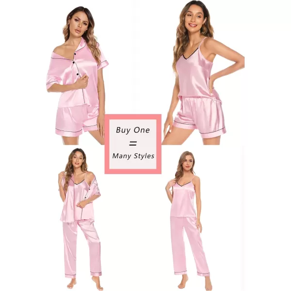 SWOMOG Pj Satin Long Sleeve Set 4pcs Womens Pajamas Silk Sleepwear Set Button Down Nightwear Sexy Cami Shorts Set LoungewearShort Sleeve Toppink