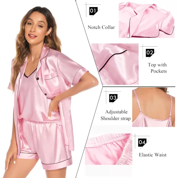 SWOMOG Pj Satin Long Sleeve Set 4pcs Womens Pajamas Silk Sleepwear Set Button Down Nightwear Sexy Cami Shorts Set LoungewearShort Sleeve Toppink