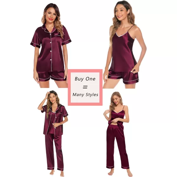 SWOMOG Pj Satin Long Sleeve Set 4pcs Womens Pajamas Silk Sleepwear Set Button Down Nightwear Sexy Cami Shorts Set LoungewearShort Sleeve Topwine Red