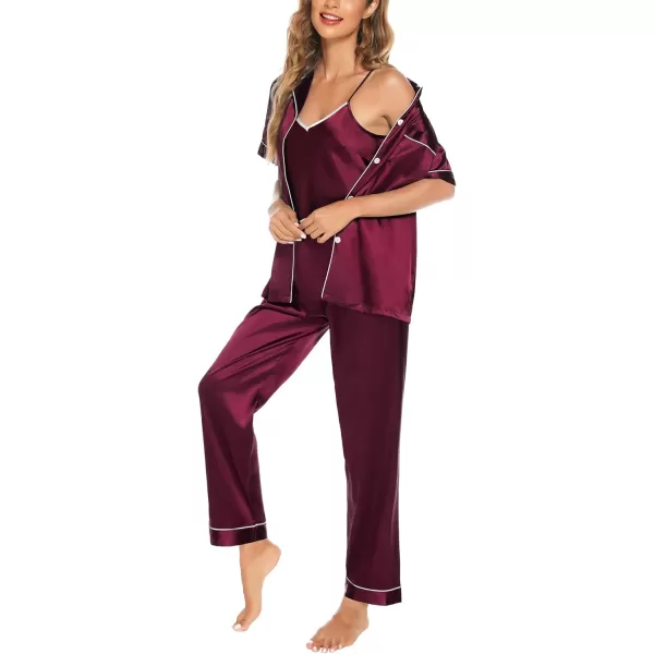 SWOMOG Pj Satin Long Sleeve Set 4pcs Womens Pajamas Silk Sleepwear Set Button Down Nightwear Sexy Cami Shorts Set LoungewearShort Sleeve Topwine Red