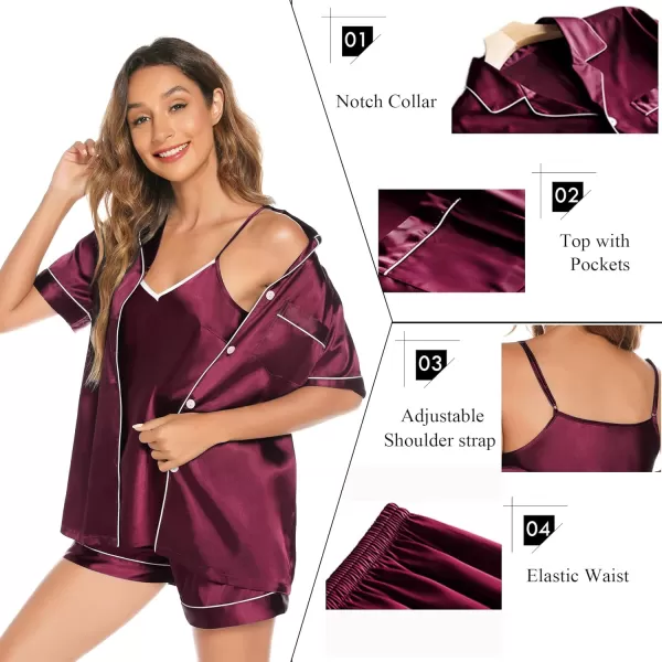 SWOMOG Pj Satin Long Sleeve Set 4pcs Womens Pajamas Silk Sleepwear Set Button Down Nightwear Sexy Cami Shorts Set LoungewearShort Sleeve Topwine Red