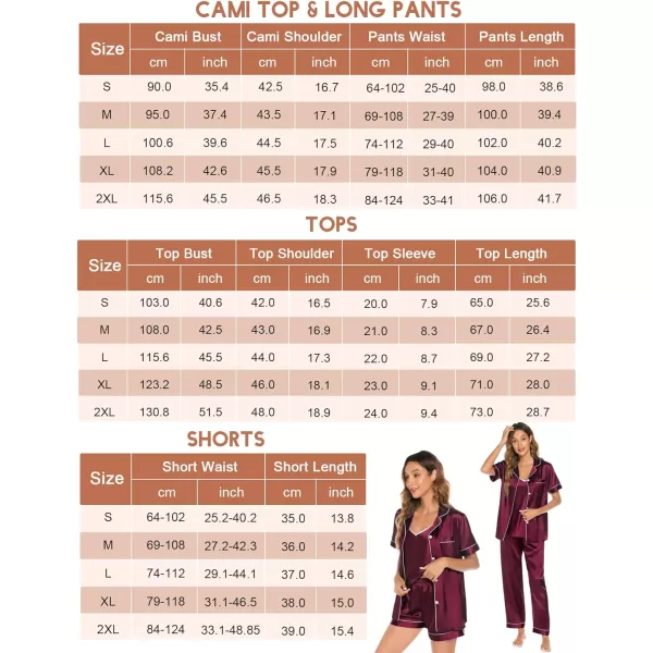 SWOMOG Pj Satin Long Sleeve Set 4pcs Womens Pajamas Silk Sleepwear Set Button Down Nightwear Sexy Cami Shorts Set LoungewearShort Sleeve Topwine Red