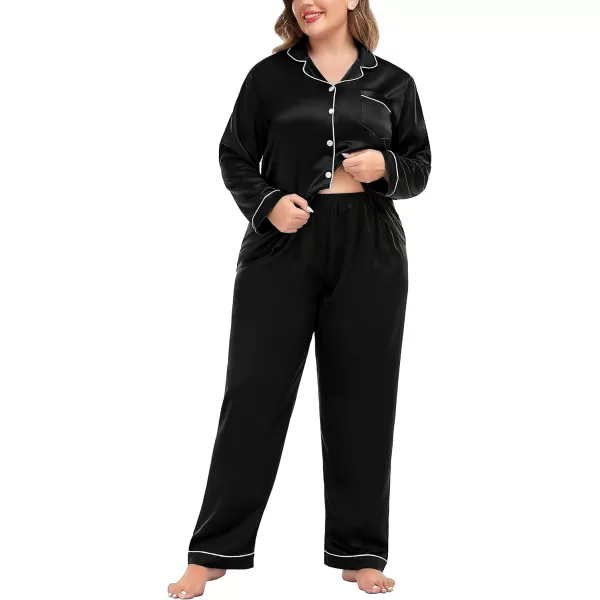 SWOMOG Plus Size Pajama Set for Women Silk Satin Pajamas Long Sleeve Sleepwear Button Down PJs Soft Pj Set with Chest PocketBlack