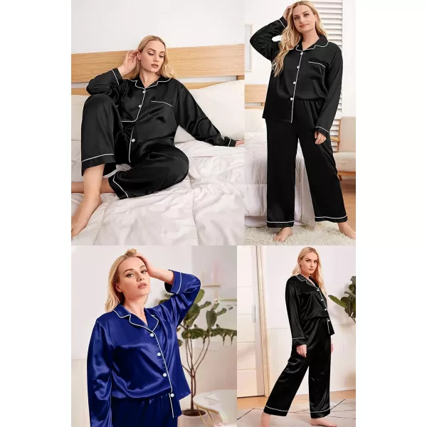 SWOMOG Plus Size Pajama Set for Women Silk Satin Pajamas Long Sleeve Sleepwear Button Down PJs Soft Pj Set with Chest PocketBlack