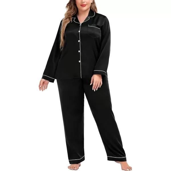 SWOMOG Plus Size Pajama Set for Women Silk Satin Pajamas Long Sleeve Sleepwear Button Down PJs Soft Pj Set with Chest PocketBlack