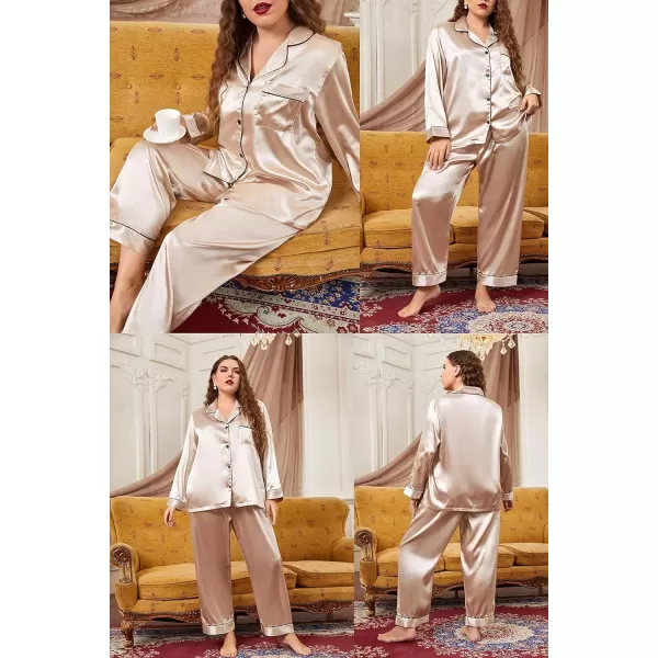 SWOMOG Plus Size Pajama Set for Women Silk Satin Pajamas Long Sleeve Sleepwear Button Down PJs Soft Pj Set with Chest PocketChampagne