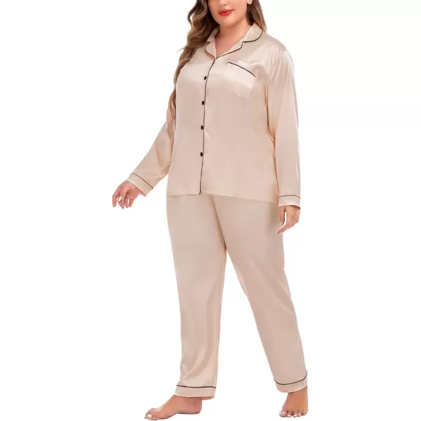 SWOMOG Plus Size Pajama Set for Women Silk Satin Pajamas Long Sleeve Sleepwear Button Down PJs Soft Pj Set with Chest PocketChampagne