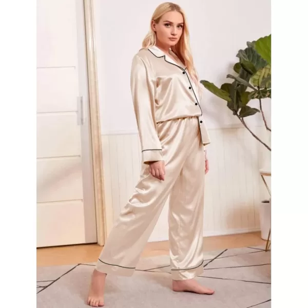 SWOMOG Plus Size Pajama Set for Women Silk Satin Pajamas Long Sleeve Sleepwear Button Down PJs Soft Pj Set with Chest PocketChampagne