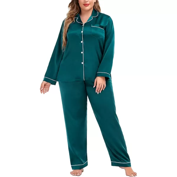 SWOMOG Plus Size Pajama Set for Women Silk Satin Pajamas Long Sleeve Sleepwear Button Down PJs Soft Pj Set with Chest PocketGreen